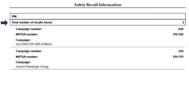 Example of Vehicle Inspection Report with Safety Recall information